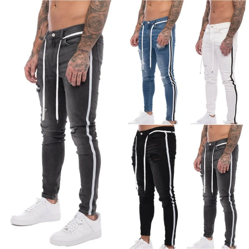 Fashion Mens Slim Fit Jeans Ripped Denim Pants Side Striped Distressed Skinny Trousers New Style 
Fashion Mens Slim Fit Jeans Ripped Denim Pants Side Striped Distressed Skinny Trousers New Style