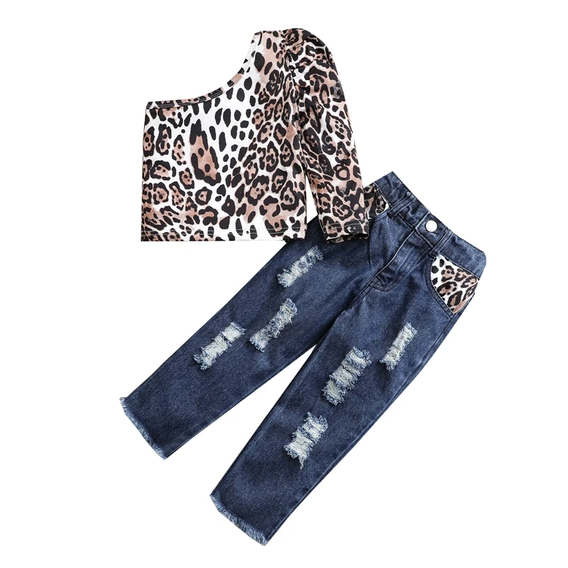Fashion Girls Leopard Print Clothes Set Long Sleeve One Shoulder Tops+Ripped Jeans with Pockets Tracksuit For Children
Fashion Girls Leopard Print Clothes Set Long Sleeve One Shoulder Tops+Ripped Jeans with Pockets Tracksuit For Children