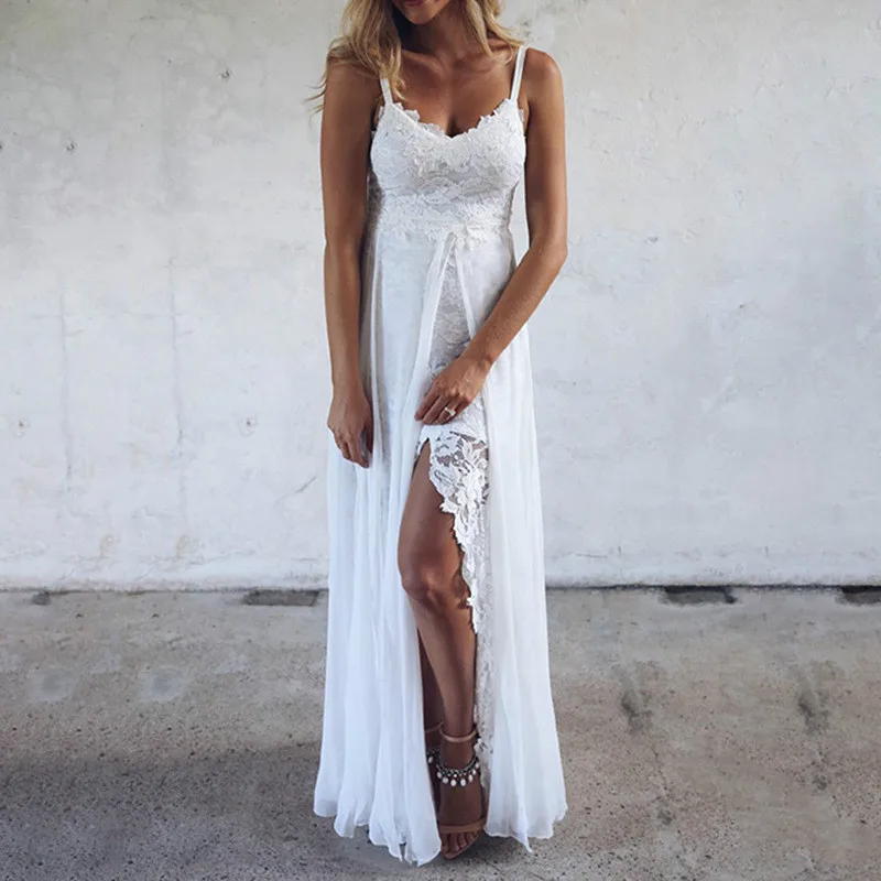 

2021 European and sk American Ladies Sling V-neck Lace Slit Irregular White Dress 1752