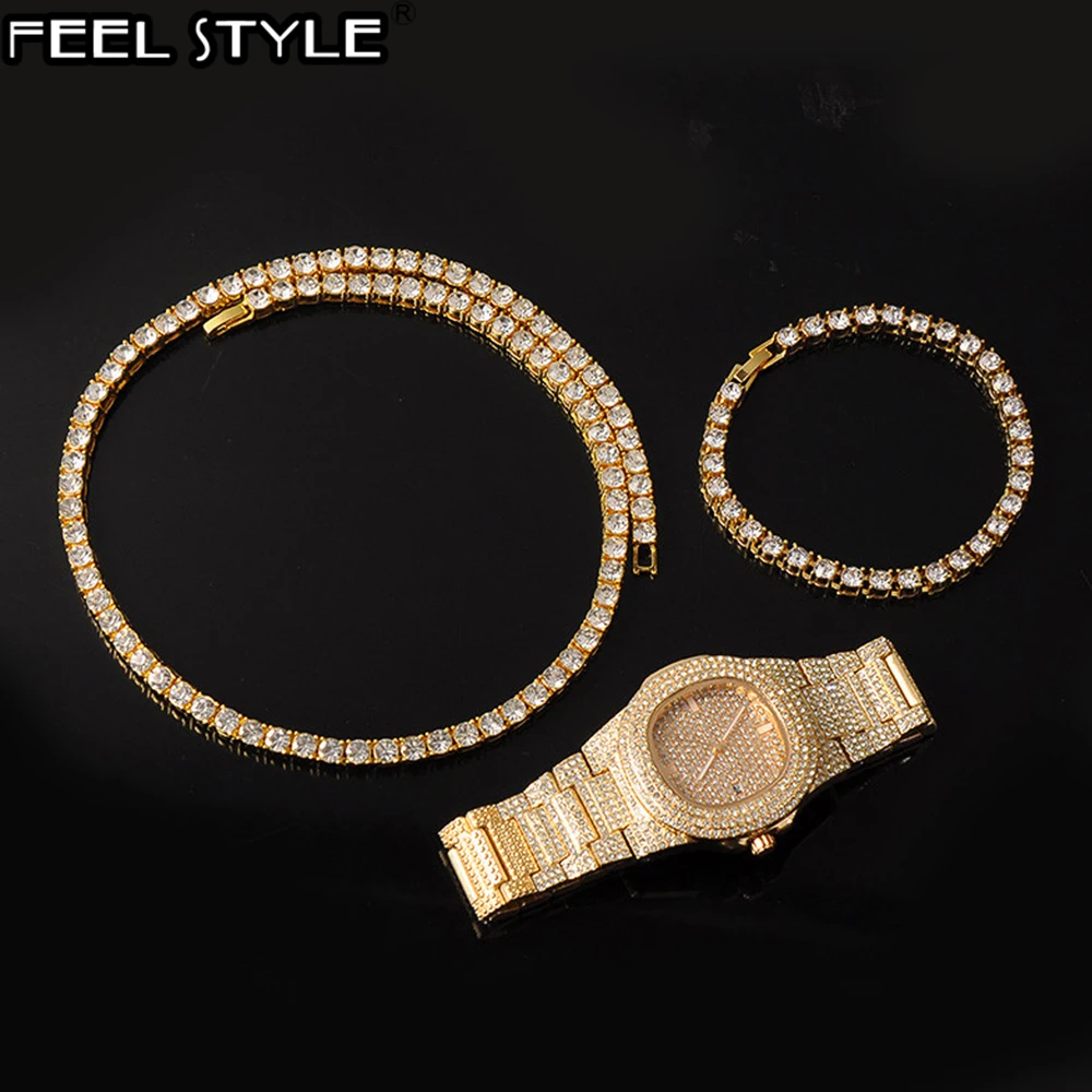 Hip Hop Gold Iced Out 3PCS kit Necklaces + Watch+Bracelet Rhinestone Bling Crystal Tennis Chain Necklace For Men Charm Jewelry
Hip Hop Gold Iced Out 3PCS kit Necklaces + Watch+Bracelet Rhinestone Bling Crystal Tennis Chain Necklace For Men Charm Jewelry