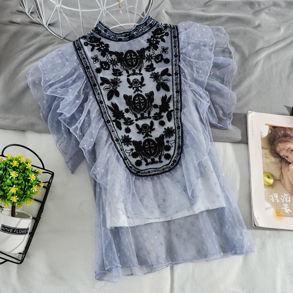 Summer Blue/Pink/White Lace Embroidered Shirt Women Vintage Stand Collar Flying Sleeve Ruffle Blouse Female Casual Tops 2021 New
Summer Blue/Pink/White Lace Embroidered Shirt Women Vintage Stand Collar Flying Sleeve Ruffle Blouse Female Casual Tops 2021 New
