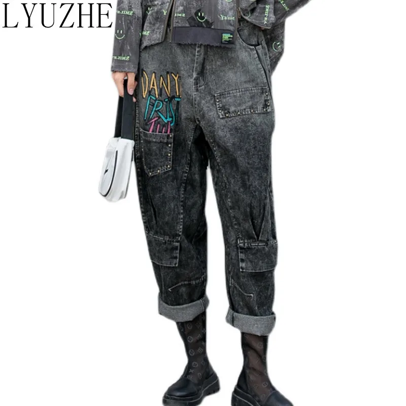 

Женские джинсы LYUZHE, с заклепками, винтажные, темно-серые, на осень, 2021, буквы печатный рисунок джинсовая