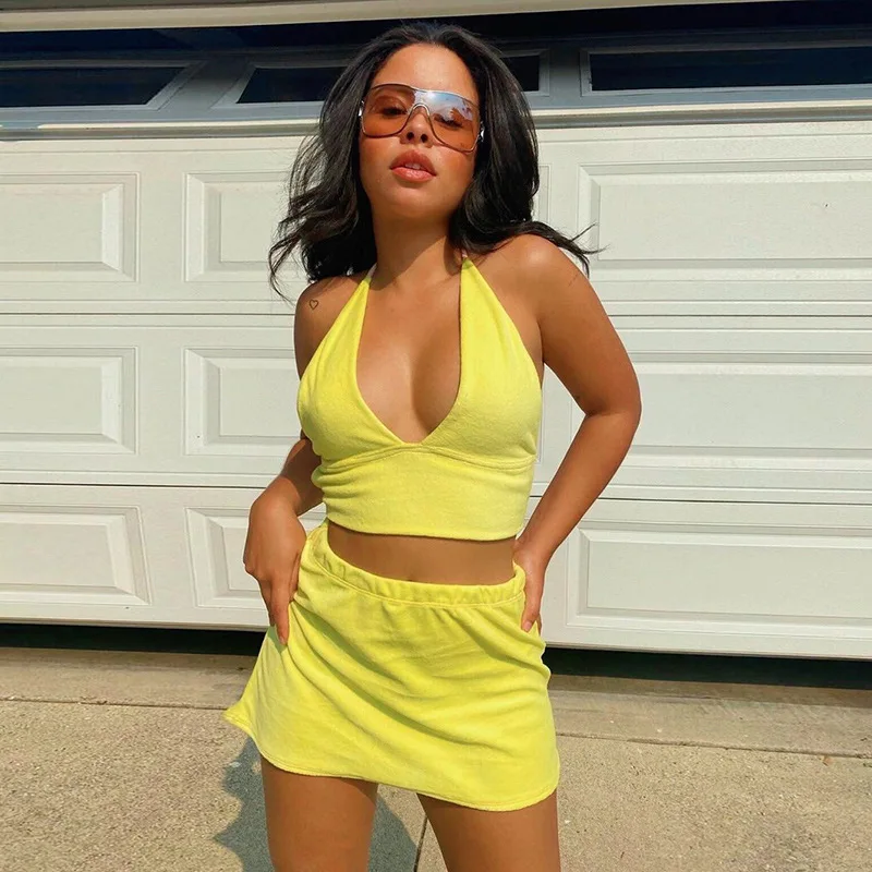 Summer Fashion Outfits V Neck Halter Top And Skirt Two Piece Set Yellow Streetwear Strap Backless Women Matching Sets S M L
Summer Fashion Outfits V Neck Halter Top And Skirt Two Piece Set Yellow Streetwear Strap Backless Women Matching Sets S M L