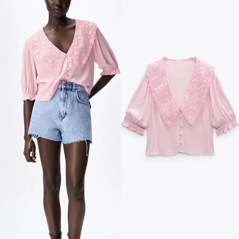 Za Summer Print Embroidery Woman Shirt Lapel Single-breasted Pink Half Sleeve Shirt Adjustable Cuff Casual Birthday Party Shirt
Za Summer Print Embroidery Woman Shirt Lapel Single-breasted Pink Half Sleeve Shirt Adjustable Cuff Casual Birthday Party Shirt