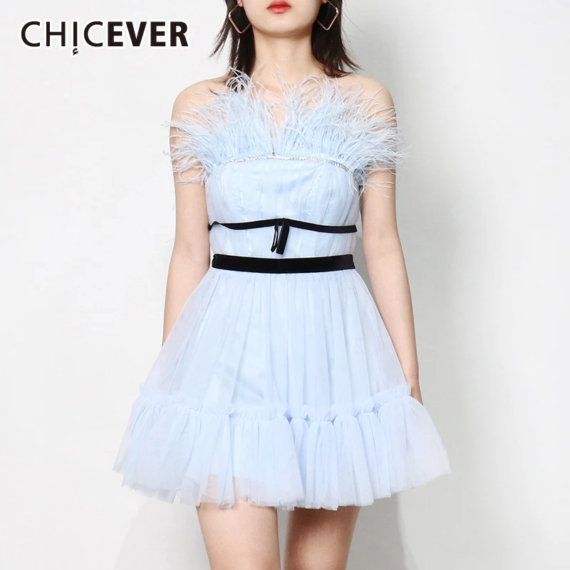 CHICEVER Hit Color Summer Mini Dress For Women Slash Neck Sleeveless High Waist Patchwork Feather Dresses Female Fashion New
CHICEVER Hit Color Summer Mini Dress For Women Slash Neck Sleeveless High Waist Patchwork Feather Dresses Female Fashion New