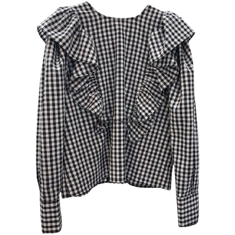 Sweet Ruffles Patchwork Blouse Woman Plaid Shirts Fashion Lace Up Women Long Sleeve Tops Spring O-neck Simple Blusas Mujer
Sweet Ruffles Patchwork Blouse Woman Plaid Shirts Fashion Lace Up Women Long Sleeve Tops Spring O-neck Simple Blusas Mujer