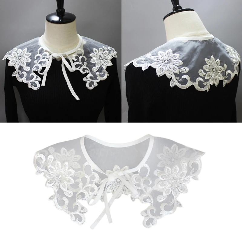 

Sweet Sheer Organza Fake Collar Shawl Wrap Embroidery Floral Lace Sequins Beading Necklace Lapel Half Shirt Mini Capelet