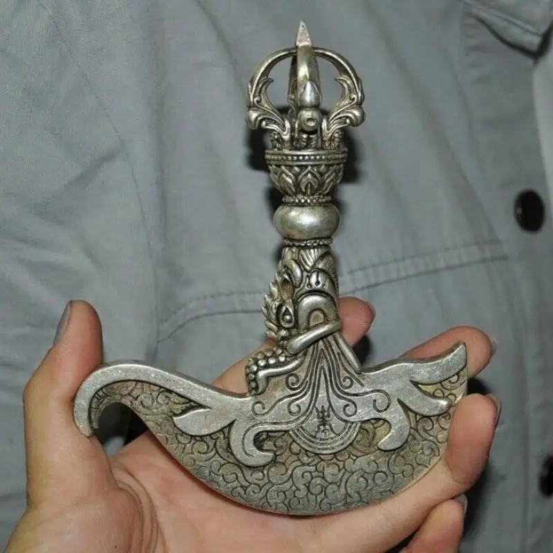 

Tibetan Silver Vajra Dorje Phurpa Exorcism Talisman Hatchet Tomahawk Ax Axe Collection Ornaments Statues for Decoration