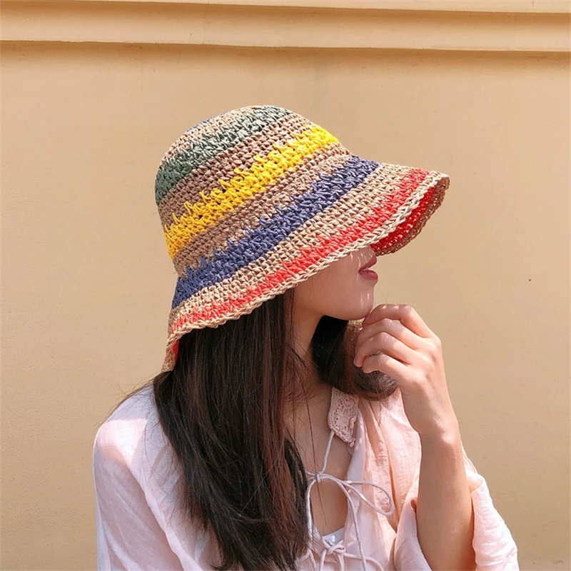 Women's Bucket Hat Straw Made Rainbow Crochet Foldable Parent-child Fashion Hat Children Female Beach Sun Visor Cap 2021 Summer
Women's Bucket Hat Straw Made Rainbow Crochet Foldable Parent-child Fashion Hat Children Female Beach Sun Visor Cap 2021 Summer
