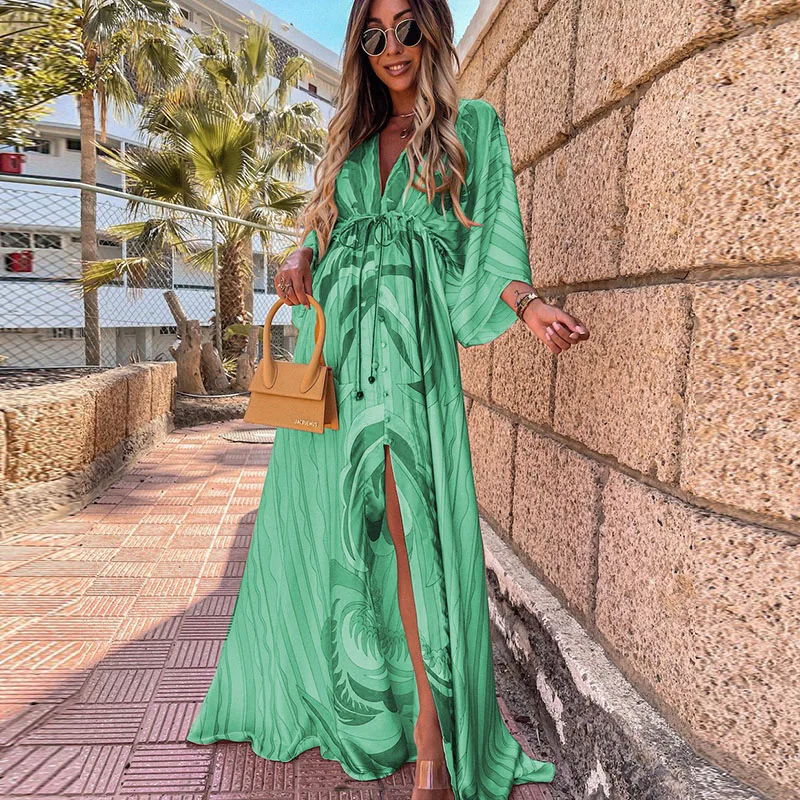 Summer Women New Deep V Neck Printing Hem Maxi Dress Elegant Button Elastic Waist Long Party Dress Spring Loose Slit Beach Dress
Summer Women New Deep V Neck Printing Hem Maxi Dress Elegant Button Elastic Waist Long Party Dress Spring Loose Slit Beach Dress