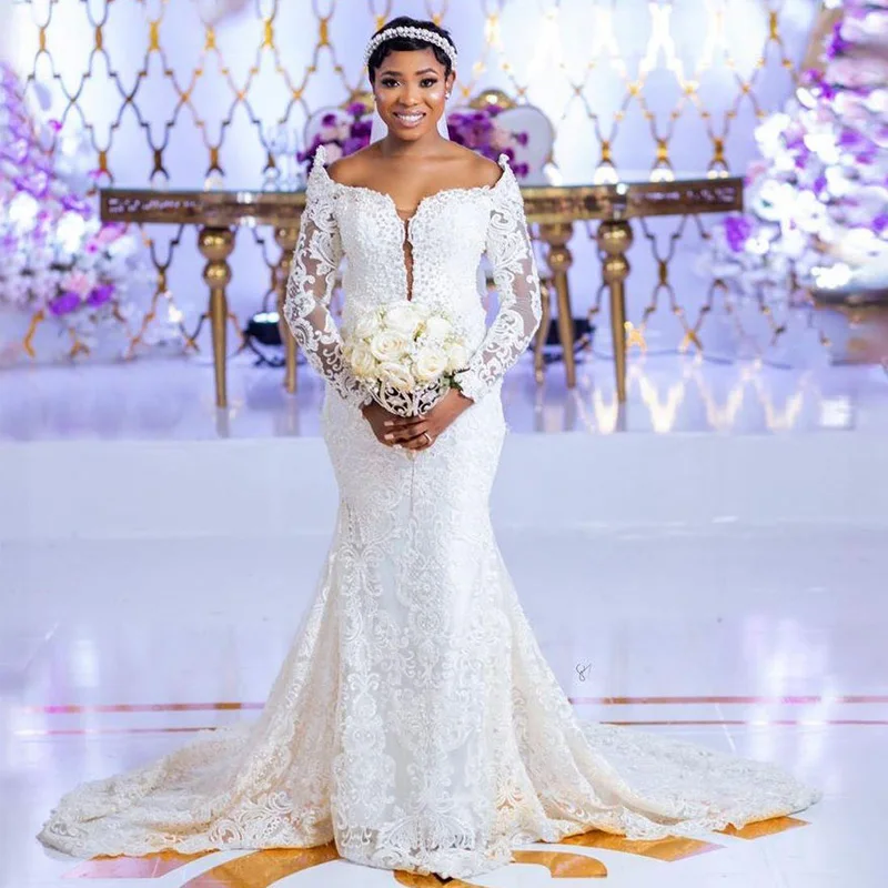 Graceful Full Lace Mermaid Wedding Dresses Square Neck Long Sleeve Pearls Bridal Gowns Sweep Train Country Wedding Gown
Graceful Full Lace Mermaid Wedding Dresses Square Neck Long Sleeve Pearls Bridal Gowns Sweep Train Country Wedding Gown