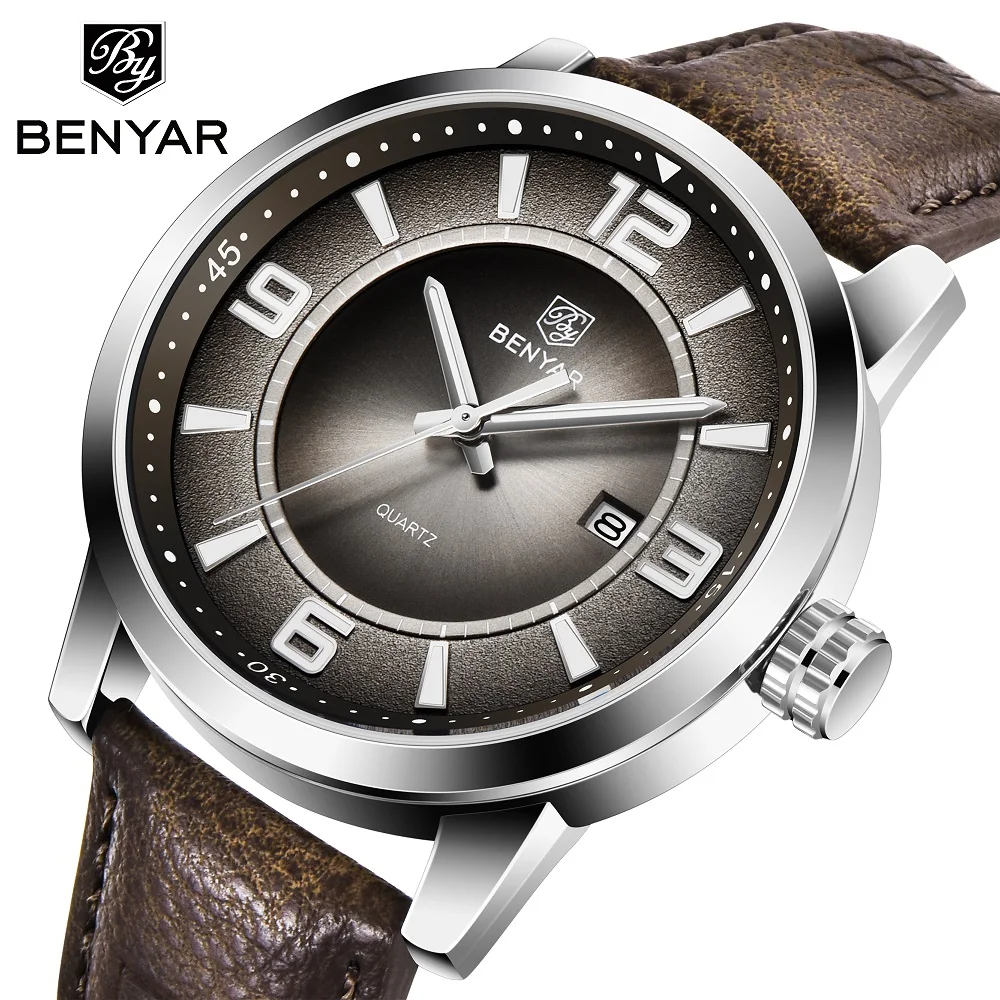 Часы мужские BENYAR кварцевые водонепроницаемые с подсветкой из натуральной кожи |