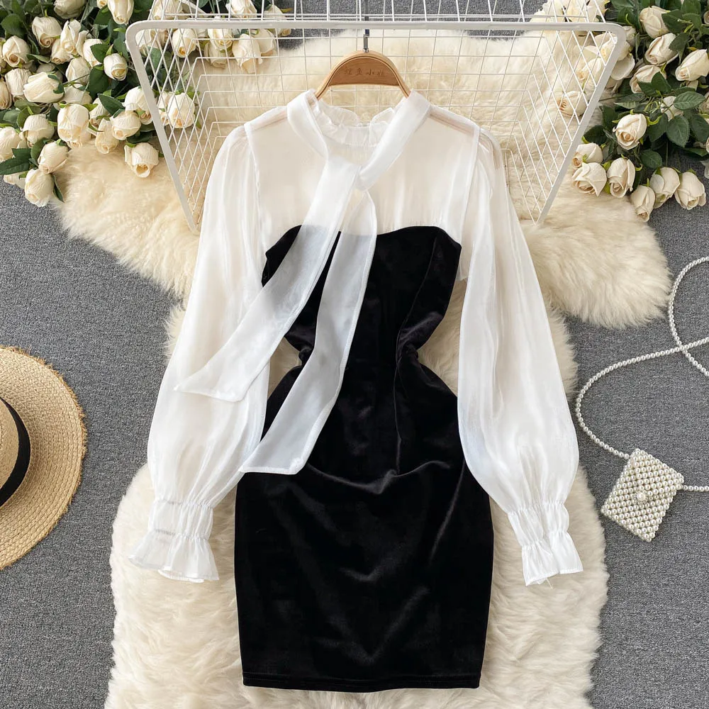 Autumn Women Black Mesh Patchwork Bodycon Dress Sexy Bow Collar Puff Long Sleeve High Waist Mini Vestidos Female Party Robe 2021
Autumn Women Black Mesh Patchwork Bodycon Dress Sexy Bow Collar Puff Long Sleeve High Waist Mini Vestidos Female Party Robe 2021