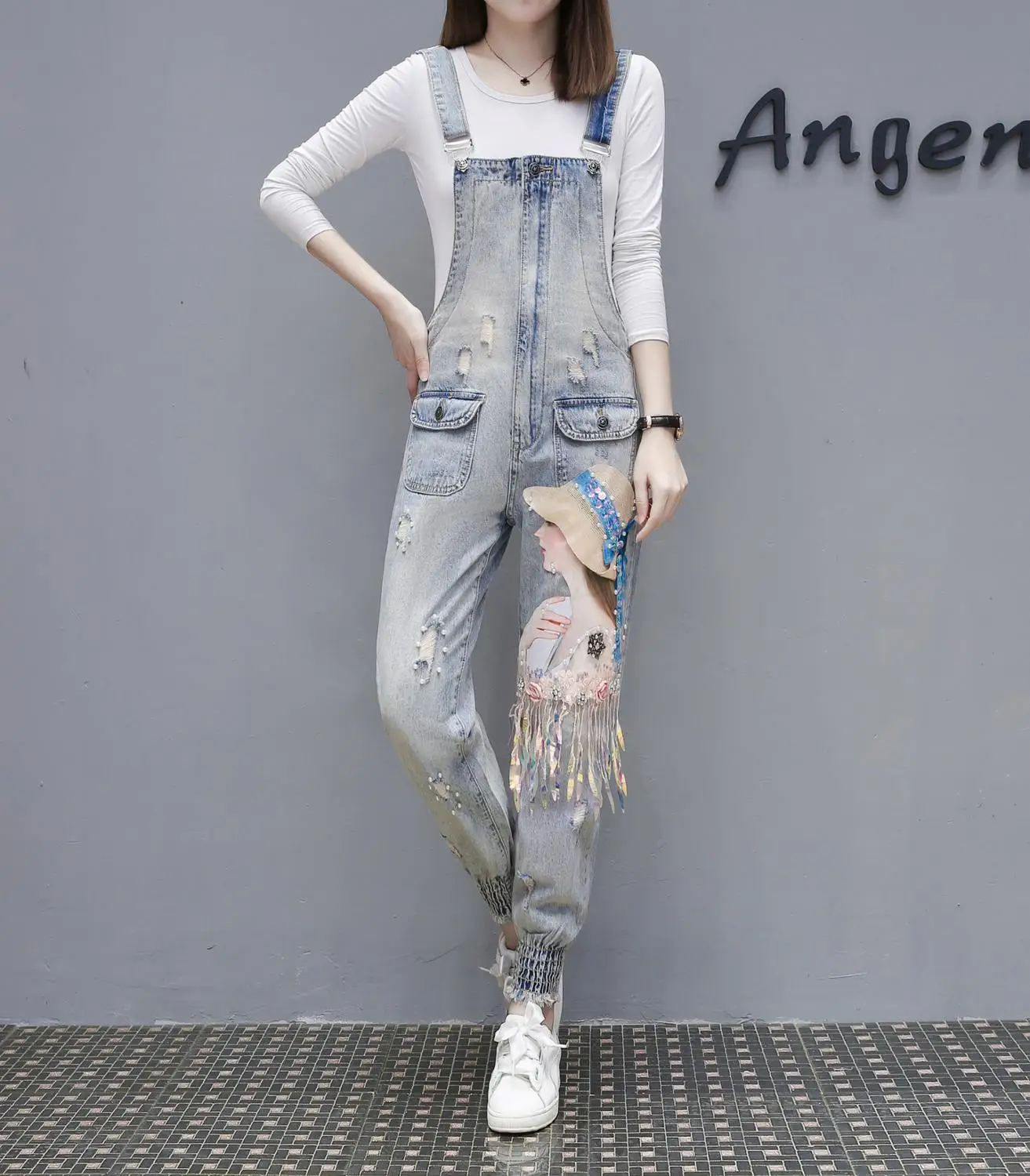 Женские джинсовые комбинезоны с принтом мультяшного кота новые свободные брюки