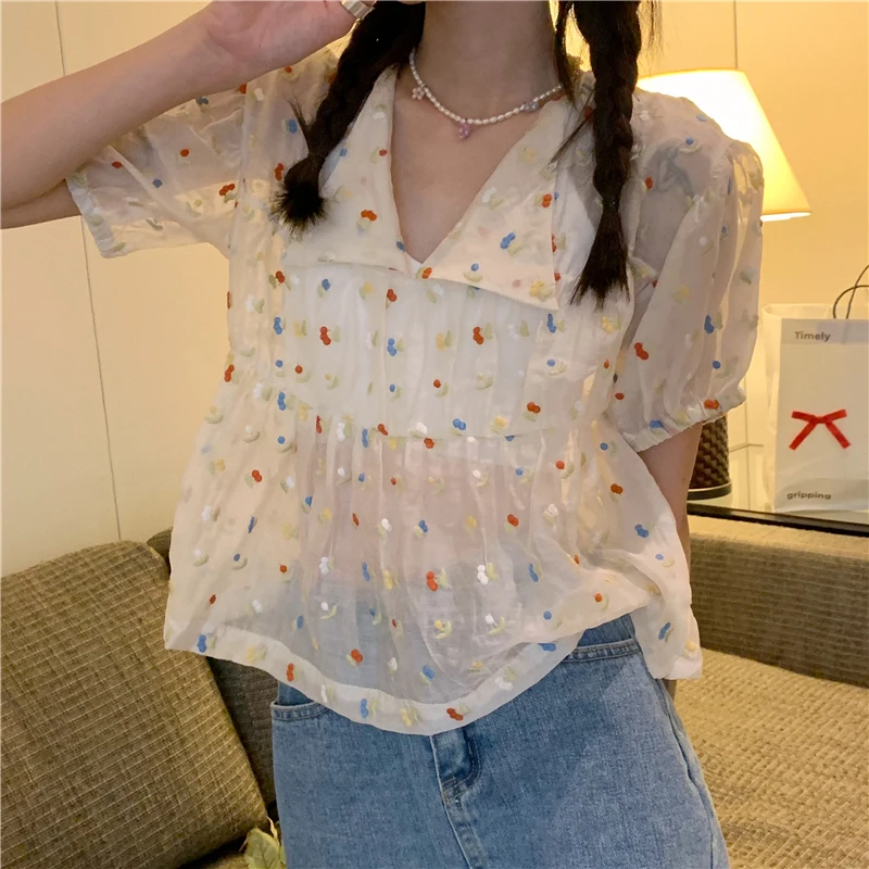 

QOERLIN New 2021 Women Ebroidered Cherry Micro-Transparent Puff Sleeve Shirt Summer Blouses Shirts Vintage Korean Style Lady Top