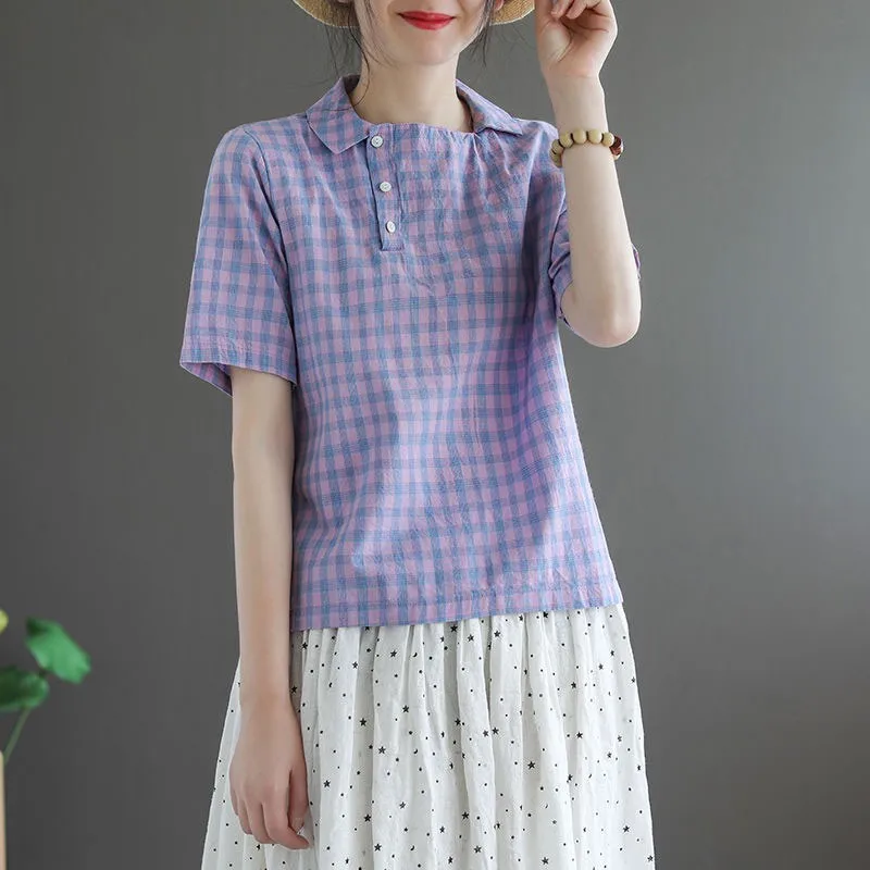 Summer Style Women Short Sleeve Loose Turn-down Collar T-shirt all-matched Casual cotton linen Plaid Tee Shirt Femme Tops M515
Summer Style Women Short Sleeve Loose Turn-down Collar T-shirt all-matched Casual cotton linen Plaid Tee Shirt Femme Tops M515