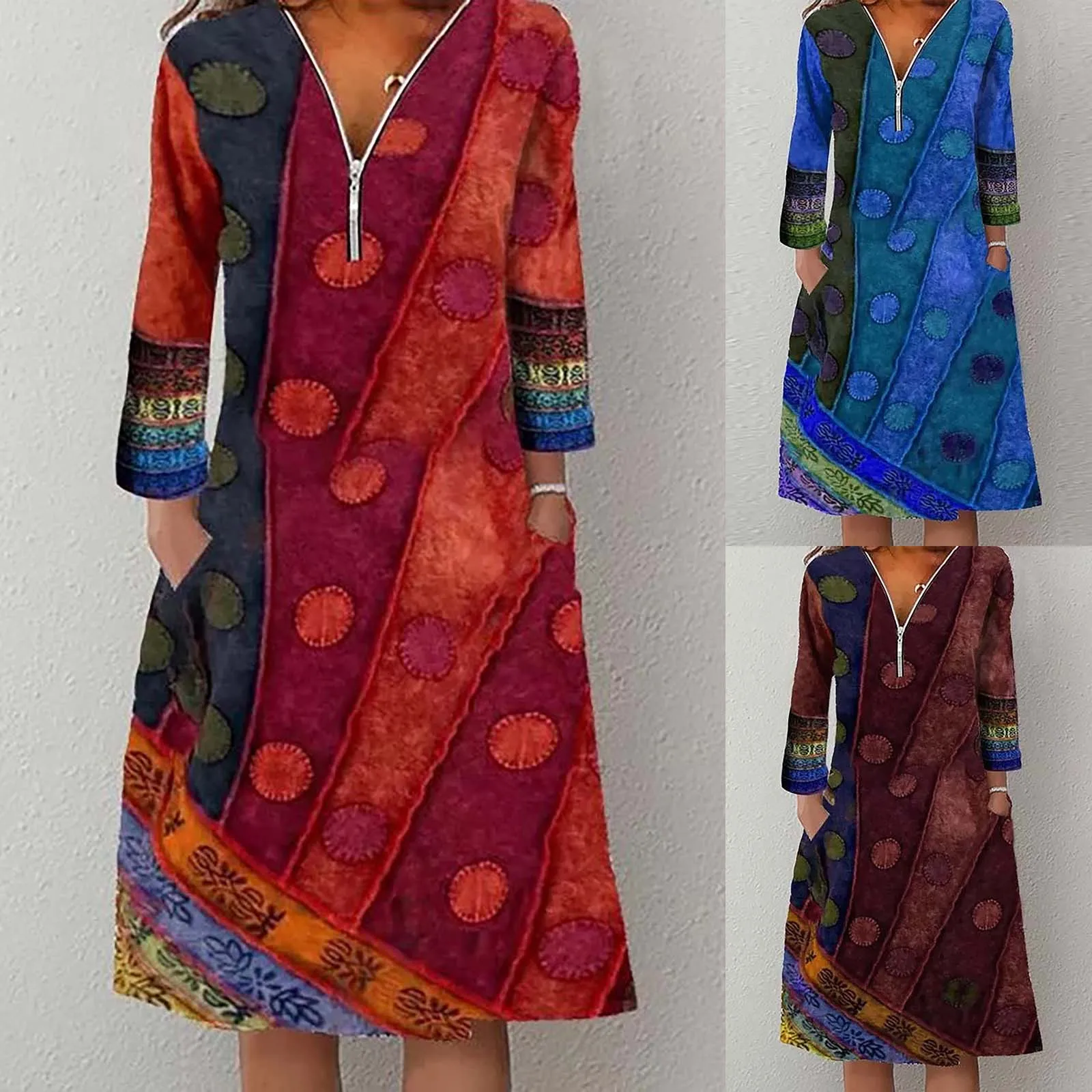Women's Fashion Vintage Dresses Prinred Long Sleeve V-neck Zipper Dress With Pocket Korean Style Vintage Floral Printed Dress
Women's Fashion Vintage Dresses Prinred Long Sleeve V-neck Zipper Dress With Pocket Korean Style Vintage Floral Printed Dress