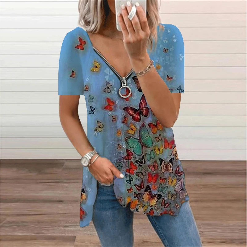 Women Summer Butterfly Graphic Printed Clothes V Neck Zipper T Shirts Short Sleeve Casual Tunic Tops Oversized Tee Shirts Femme
Women Summer Butterfly Graphic Printed Clothes V Neck Zipper T Shirts Short Sleeve Casual Tunic Tops Oversized Tee Shirts Femme