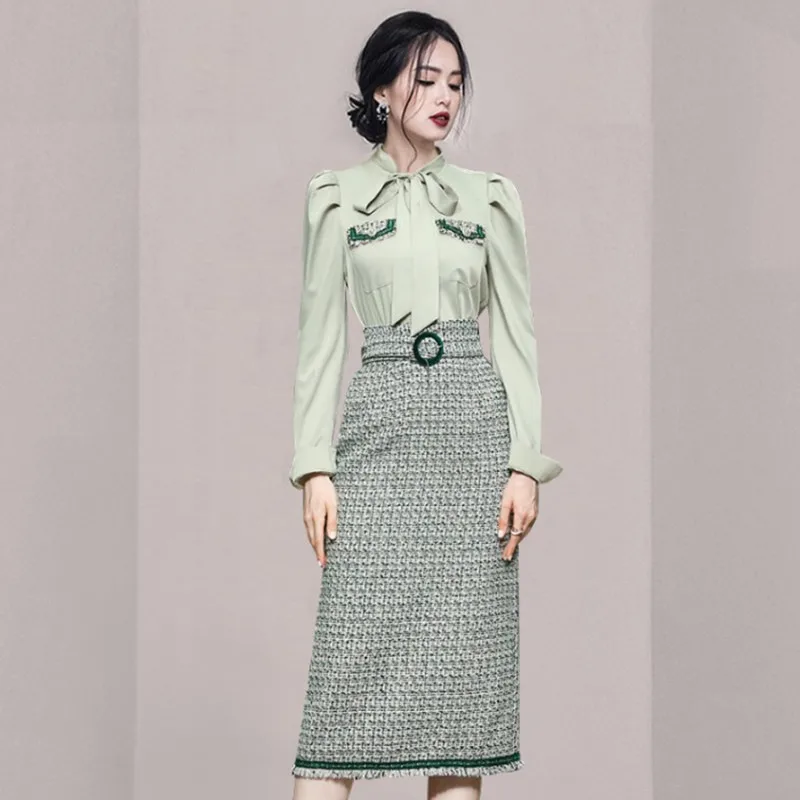 Spring Lady Fashion Skirt Two Piece Set Elegant Lace Up Bow Green Shirt Top+Chic Tweed Lattice Skirt Casual Women Korean Suit
Spring Lady Fashion Skirt Two Piece Set Elegant Lace Up Bow Green Shirt Top+Chic Tweed Lattice Skirt Casual Women Korean Suit
