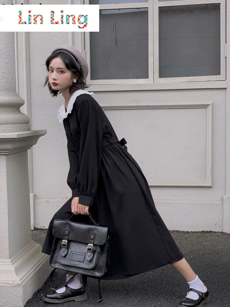 LinLing Black Fashion Dress 2021 New Korean Vintage Slim Waist Long Sleeve Dresses Women Peter Pan Collar Lace Up Vestidos
LinLing Black Fashion Dress 2021 New Korean Vintage Slim Waist Long Sleeve Dresses Women Peter Pan Collar Lace Up Vestidos