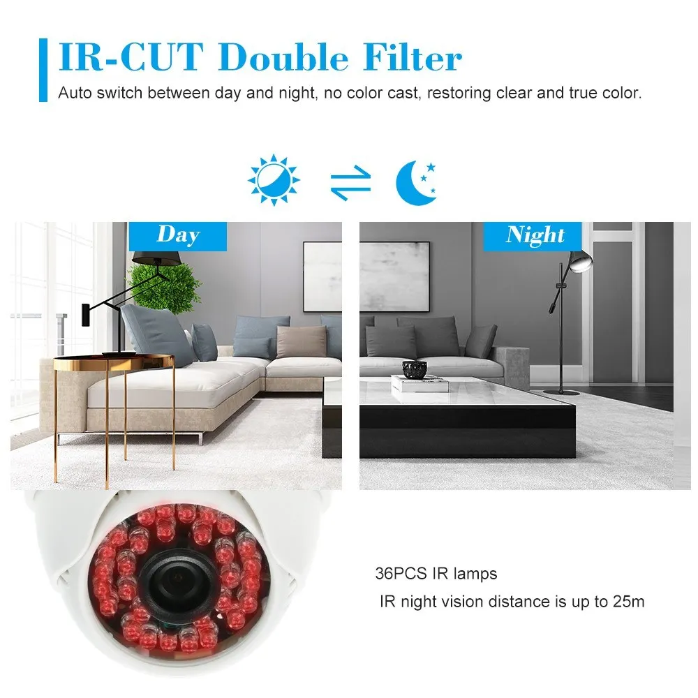 1080P HD POE IP Dome Camera 2.0MP 3.6mm 36PCS IR Lamps H.265/H.264/H.265+ Optional P2P Onvif Night View IR-CUT Motion Detectio
1080P HD POE IP Dome Camera 2.0MP 3.6mm 36PCS IR Lamps H.265/H.264/H.265+ Optional P2P Onvif Night View IR-CUT Motion Detectio