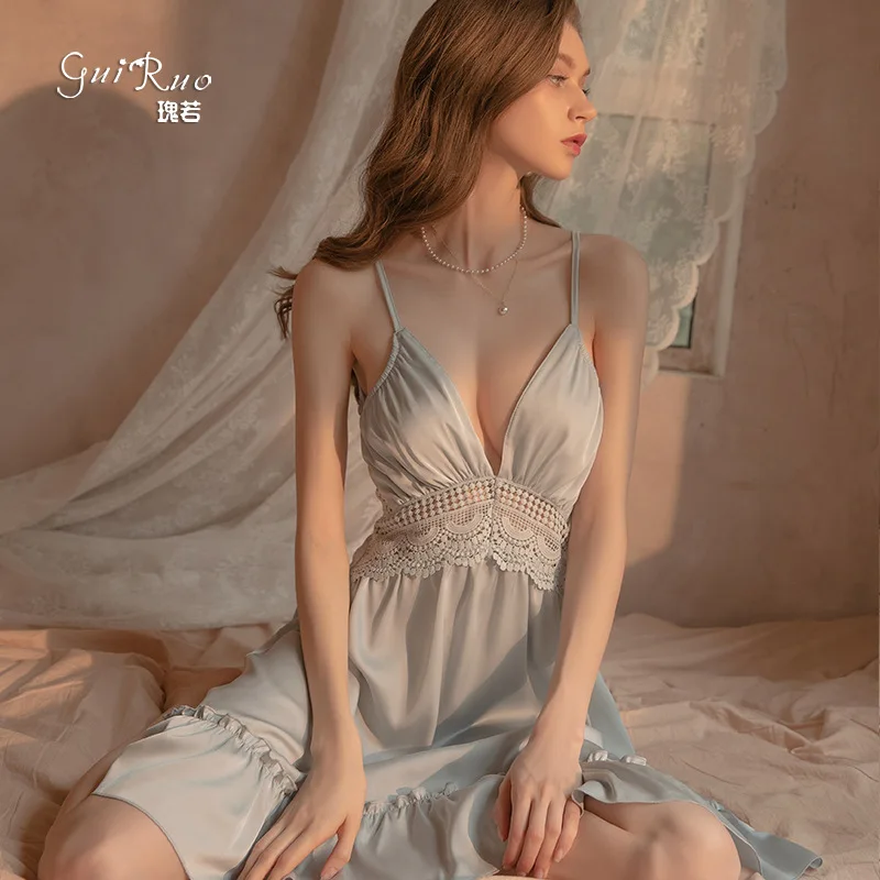 Ladies Sexy Lace Nightgowns Deep V Perspective Long Sleepwear Satin Suspender Nightdress Backless Home Clothes Comfortable Dress
Ladies Sexy Lace Nightgowns Deep V Perspective Long Sleepwear Satin Suspender Nightdress Backless Home Clothes Comfortable Dress