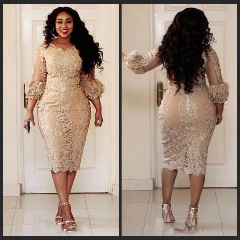 

2019 African Champagne Mother Of The Dresses Jewel Neck lace Applique Illusion 3/4 Sleeve Long Sleeve Evening Gowns Plus Size