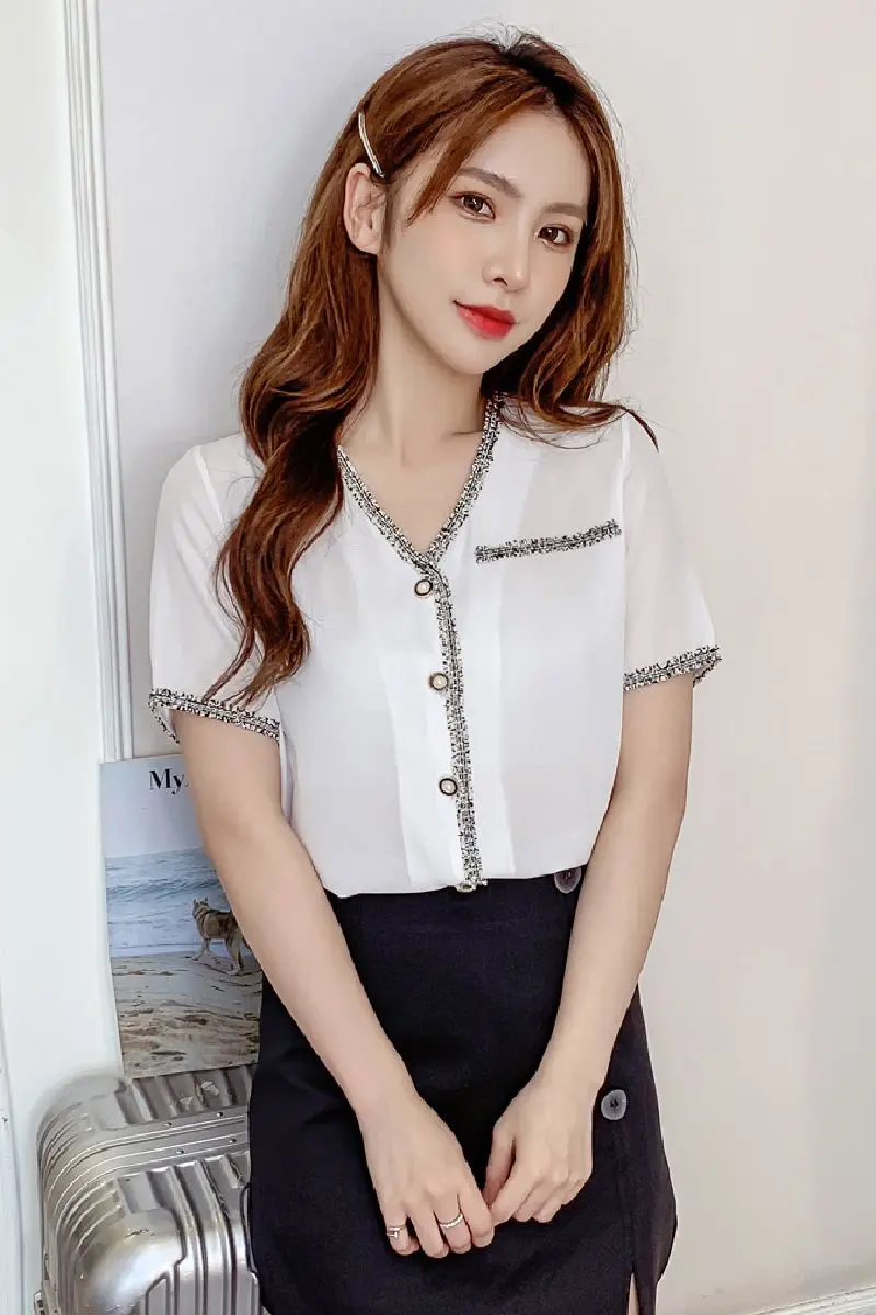 COIGARSAM Short Sleeve Shirt Womens tops New Summer Chiffon Women shirts White 9602
COIGARSAM Short Sleeve Shirt Womens tops New Summer Chiffon Women shirts White 9602