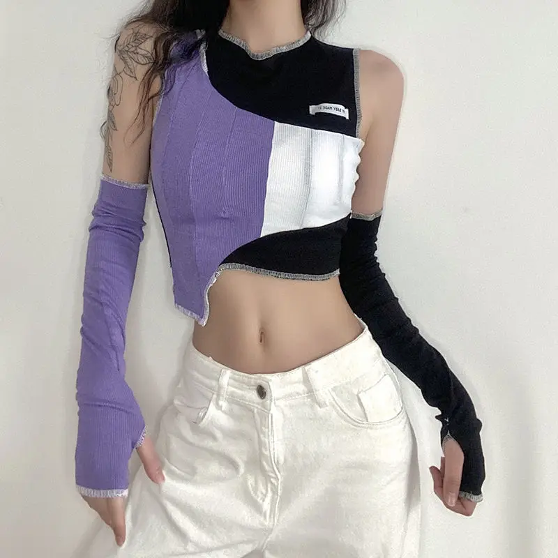 Color contrast color matching shoulder digging long sleeve irregular t-shirt female slim top female
Color contrast color matching shoulder digging long sleeve irregular t-shirt female slim top female