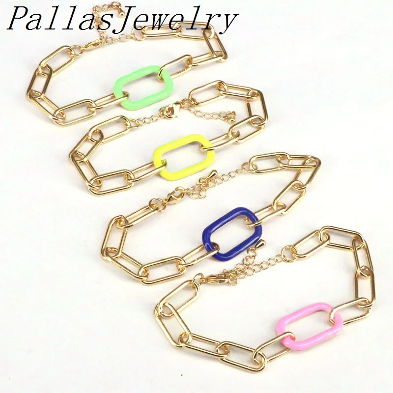 6Pcs Green Pin yellow Enamel Oval Charms Bracelet Gold Chains Bracelet Women Fashion Metal Jewelry