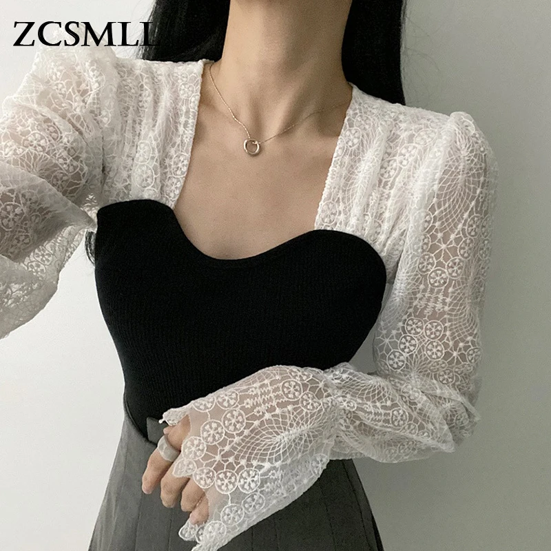 ZCSMLL Korean French elegant square collar lace hook flower contrast stitching slim slimming flared sleeve shirt top women
ZCSMLL Korean French elegant square collar lace hook flower contrast stitching slim slimming flared sleeve shirt top women
