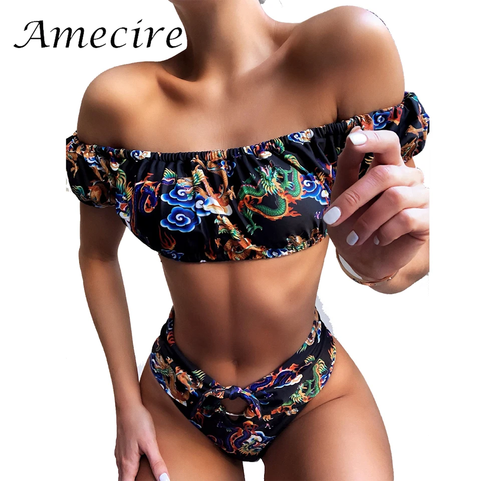 Amecire новинка винтажный купальник с принтом милый открытыми плечами коротким