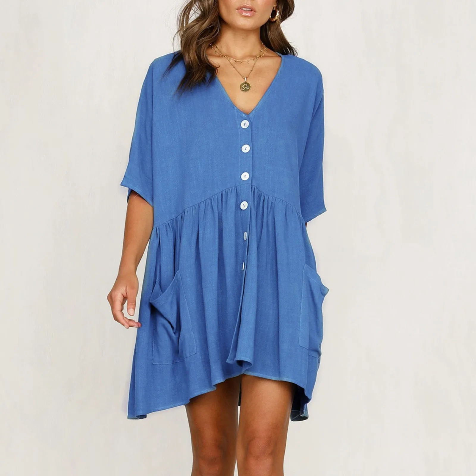 Women's Dress Summer Plus Size V-Neck Solid Short Sleeve Button Pocket Short Dress Casual Vacation Beach Dress Vestido De Mujer
Women's Dress Summer Plus Size V-Neck Solid Short Sleeve Button Pocket Short Dress Casual Vacation Beach Dress Vestido De Mujer