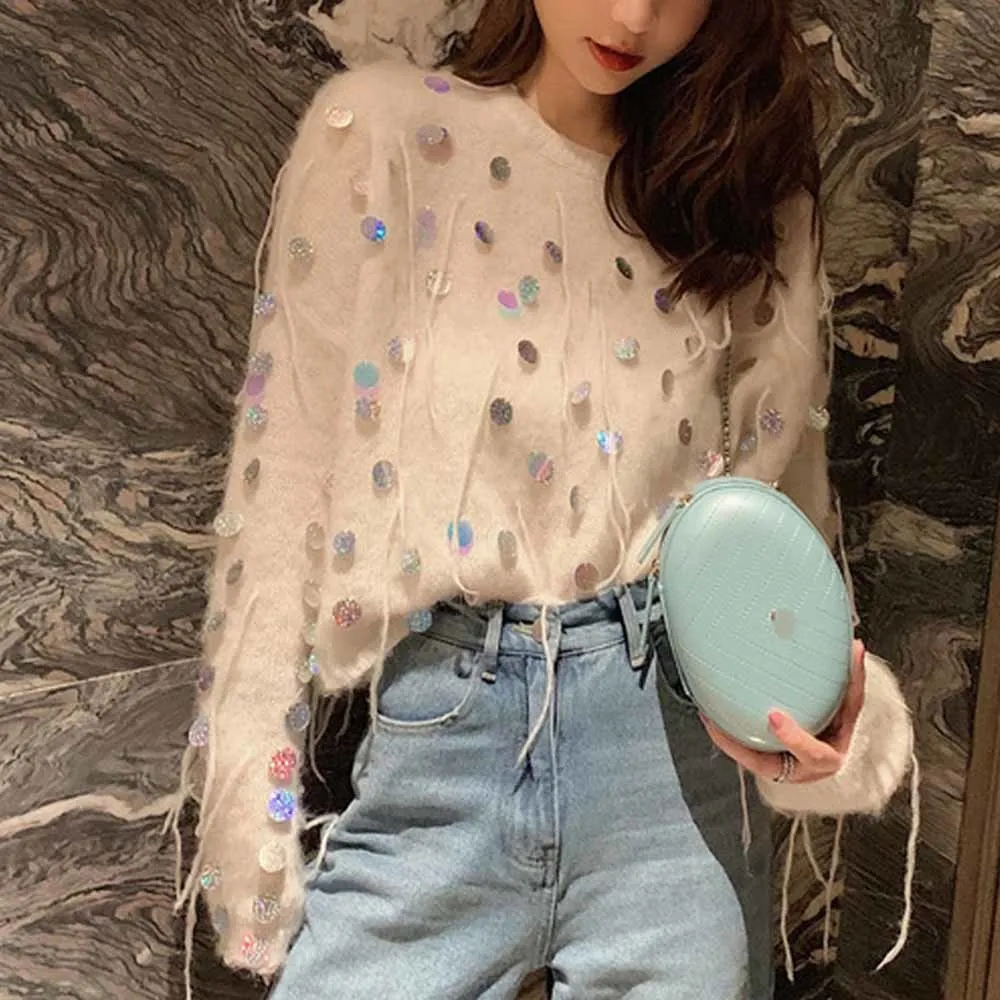 Women Metallic Sequin Fringe Sweater Black White Sequined Pullover Long Jumper Autumn Winter Tops
Women Metallic Sequin Fringe Sweater Black White Sequined Pullover Long Jumper Autumn Winter Tops