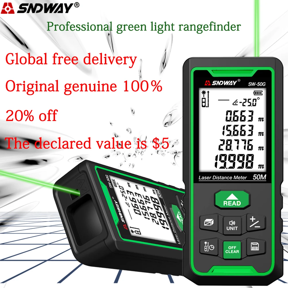 SNDWAY Green Line Laser Rangefinder Distance Meter Digital Range finder Laser Tape Ruler Sensor Laser Distance Meter
SNDWAY Green Line Laser Rangefinder Distance Meter Digital Range finder Laser Tape Ruler Sensor Laser Distance Meter