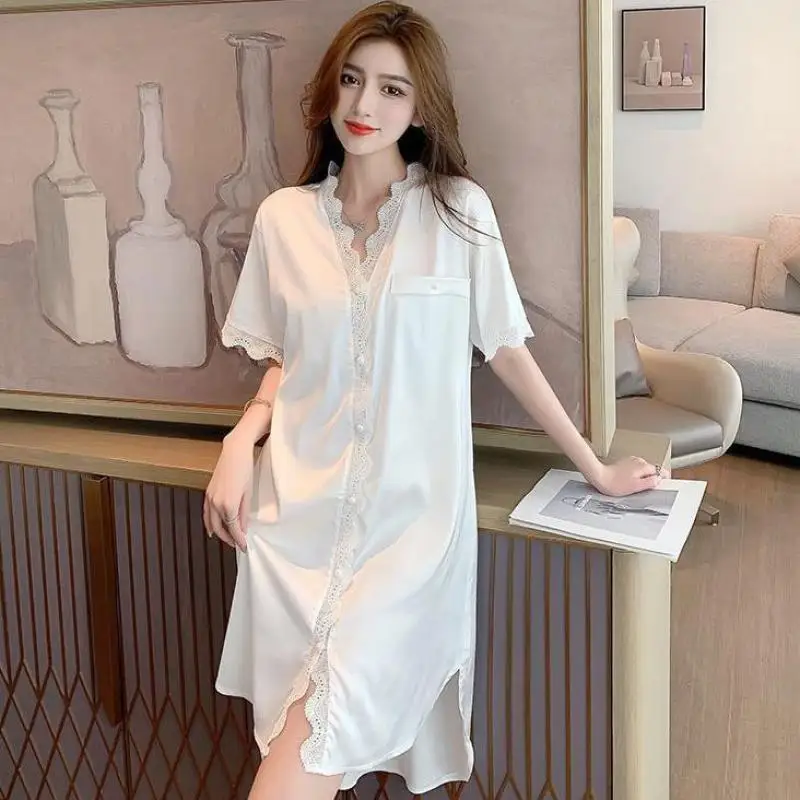Sleepshirt Summer Women Lace Trim Nightgown White Night Dress Satin Sleepwear V-neck Nightdress Casual Button-Down Home Wear
Sleepshirt Summer Women Lace Trim Nightgown White Night Dress Satin Sleepwear V-neck Nightdress Casual Button-Down Home Wear