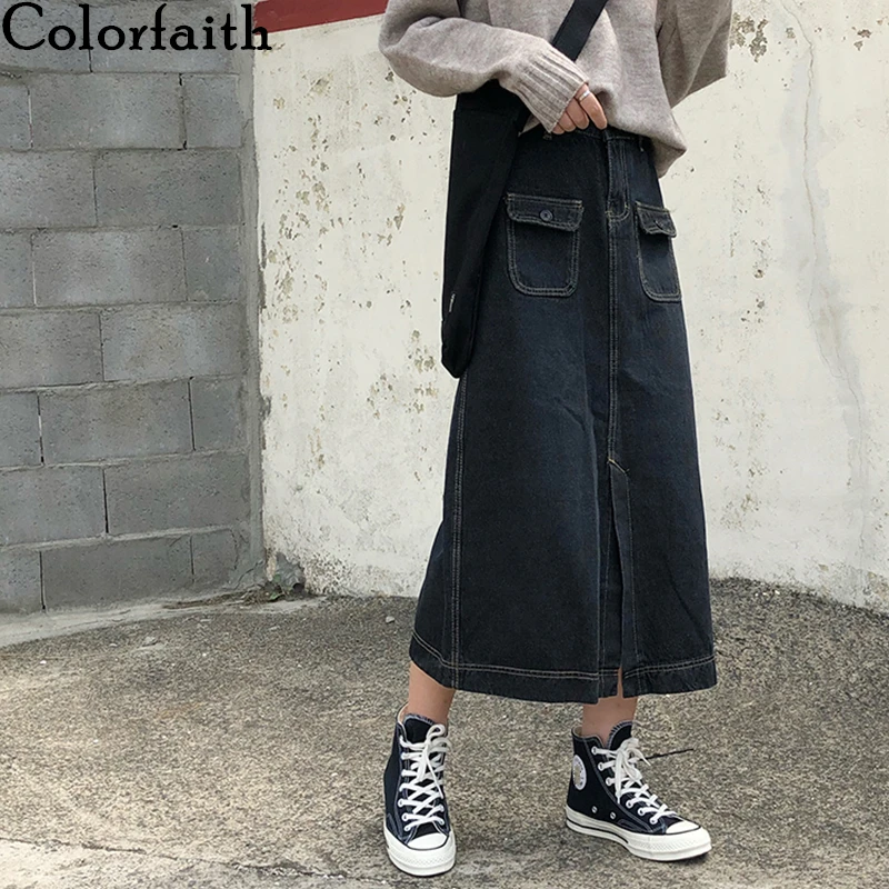 Colorfaith New 2020 Spring Summer Women Denim Skirts High Waist Vintage Straight Fashionable Midi Pockets Slit Wild Skirt SK6609 | Женская