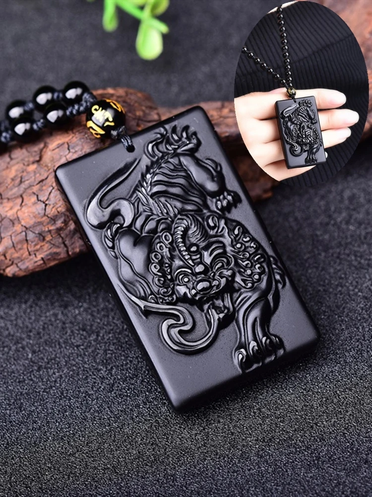 Beautiful Handwork Natural Black Obsidian Carved Chinese PiXiu Tiger Lucky Pendant + Beads Necklace Jewelry 
Beautiful Handwork Natural Black Obsidian Carved Chinese PiXiu Tiger Lucky Pendant + Beads Necklace Jewelry