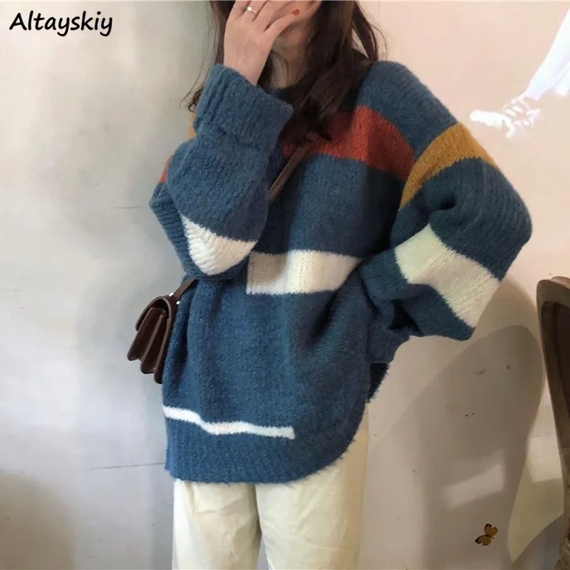 Пуловеры для женщин в стиле Харадзюку, в полоску, в стиле ольччан, свободный свитер с длинным рукавом, Универсальный простой женский милый т... 
Пуловеры для женщин в стиле Харадзюку, в полоску, в стиле ольччан, свободный свитер с длинным рукавом, Универсальный простой женский милый т...