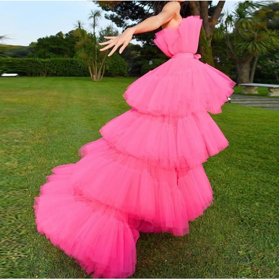 Fashion Hot Pink High Low Tulle Prom Gowns Ruffles Tiered Long Formal Party Dress Custom Made Women Dress Summer Vestidos
Fashion Hot Pink High Low Tulle Prom Gowns Ruffles Tiered Long Formal Party Dress Custom Made Women Dress Summer Vestidos