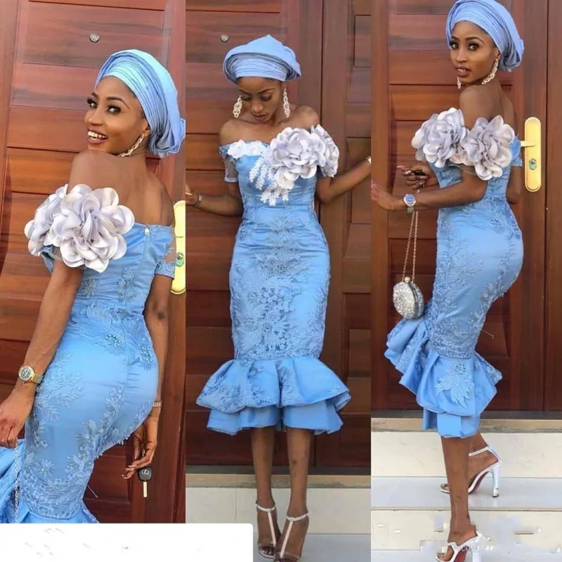 Sky Blue Mermaid Evening Dresses Off The Shoulder Short Sleeves Prom Dress Lace Tea Length Tiered Handmade Flowers Vestidos
Sky Blue Mermaid Evening Dresses Off The Shoulder Short Sleeves Prom Dress Lace Tea Length Tiered Handmade Flowers Vestidos