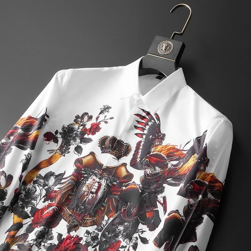 2021 Luxury Rhinestone Shirts Men Vintage Print Long Sleeve Shirt Business Casual Formal Dress Tops Social Party Chemise Homme
2021 Luxury Rhinestone Shirts Men Vintage Print Long Sleeve Shirt Business Casual Formal Dress Tops Social Party Chemise Homme