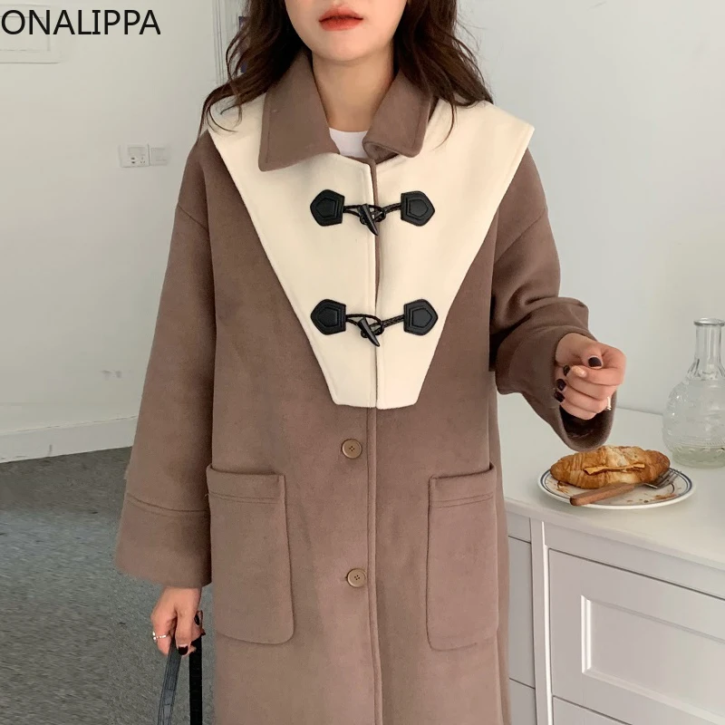 

Onalippa 2021 Woemn Autumn Winter Retro Wild Lapel Horn Buckle Hit Color Double Pockets Over The Knee Casual Mid-Length Coat