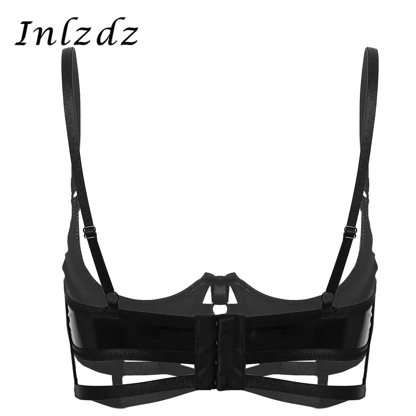 

Womens Lingerie Sex Bra Wet Look Patent Leather Adjustable Spaghetti Shoulder Straps Quarter Cup Strappy Underwired Hot Bra Tops