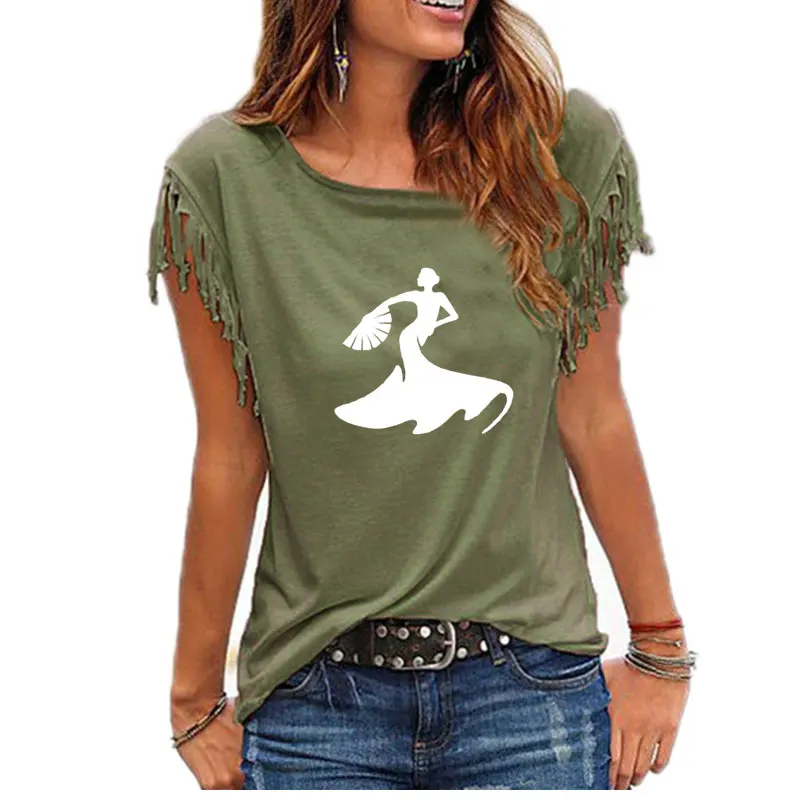Flamenco Dance Cartoon Woman Dancer Silhouette Print Cotton Casual Tshirt Summer Women O neck short sleeve tassel knotted Top
Flamenco Dance Cartoon Woman Dancer Silhouette Print Cotton Casual Tshirt Summer Women O neck short sleeve tassel knotted Top