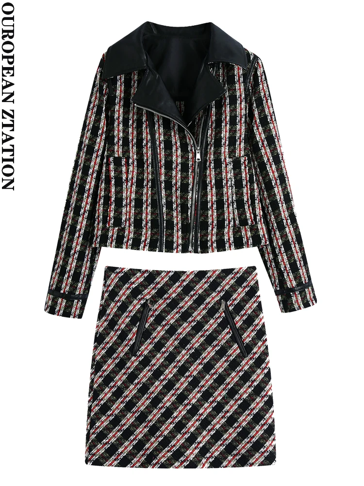 Женский костюм-двойка из твида za, куртка контрастной расцветки из искусственной кожи и юбка с завышенной талией на молнии сзади, 2021
Женский костюм-двойка из твида za, куртка контрастной расцветки из искусственной кожи и юбка с завышенной талией на молнии сзади, 2021