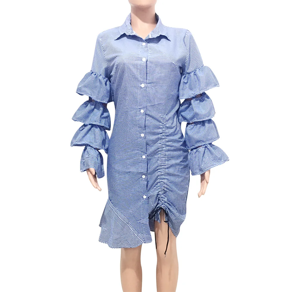 Striped Print Level Ruffles Shirt Dress Women Casual Long Butterfly Sleeve Turn-down Collar Women Dress Outwear Irregular Dress
Striped Print Level Ruffles Shirt Dress Women Casual Long Butterfly Sleeve Turn-down Collar Women Dress Outwear Irregular Dress