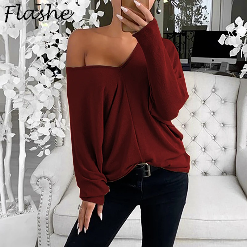 Autumn Women Shirts Sexy Plus Size Fashion Loose Off Shoulder Casual V Neck Long Sleeve Top Solid Women T-shirts Streewear 2021 
Autumn Women Shirts Sexy Plus Size Fashion Loose Off Shoulder Casual V Neck Long Sleeve Top Solid Women T-shirts Streewear 2021