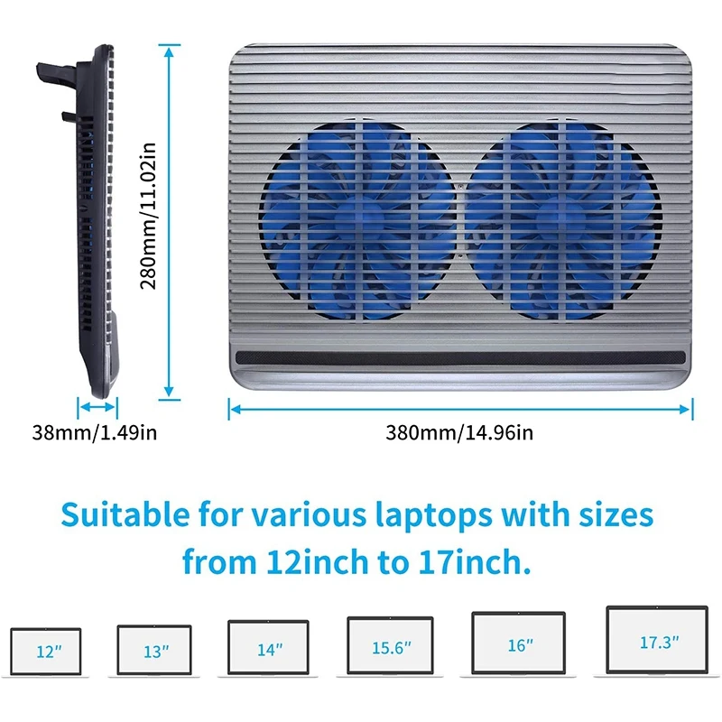 Laptop Cooling Pad, with USB Powered,2 Silent Big Fans,Height Adjustable Non-Slip Laptop Stand,For 11-17 inch Notebook
Laptop Cooling Pad, with USB Powered,2 Silent Big Fans,Height Adjustable Non-Slip Laptop Stand,For 11-17 inch Notebook