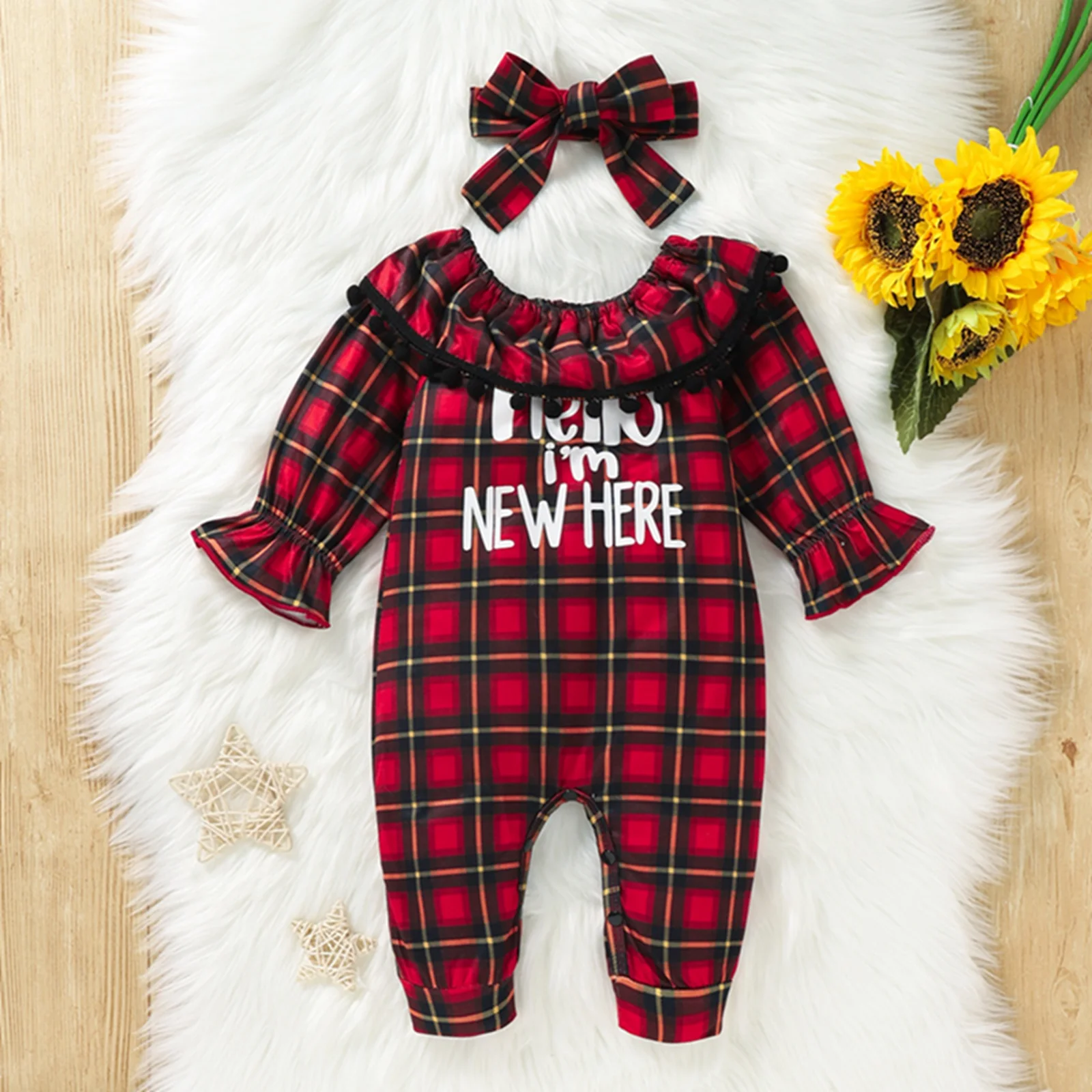 Baby Girl Clothes Long Sleeve Jumpsuit Christmas Plaid Letter Print Romper Long Pants and Headband
Baby Girl Clothes Long Sleeve Jumpsuit Christmas Plaid Letter Print Romper Long Pants and Headband